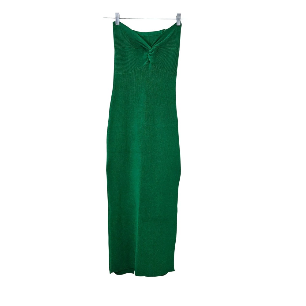 Green Ribbed Sweater Knit Strapless Twist Sweetheart Bodice Maxi Bodycon Dress M